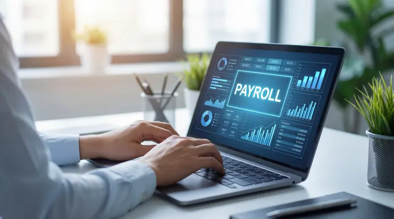 Payroll-Abrechnung am Laptop — übersichtliches Dashboard am Schreibtisch